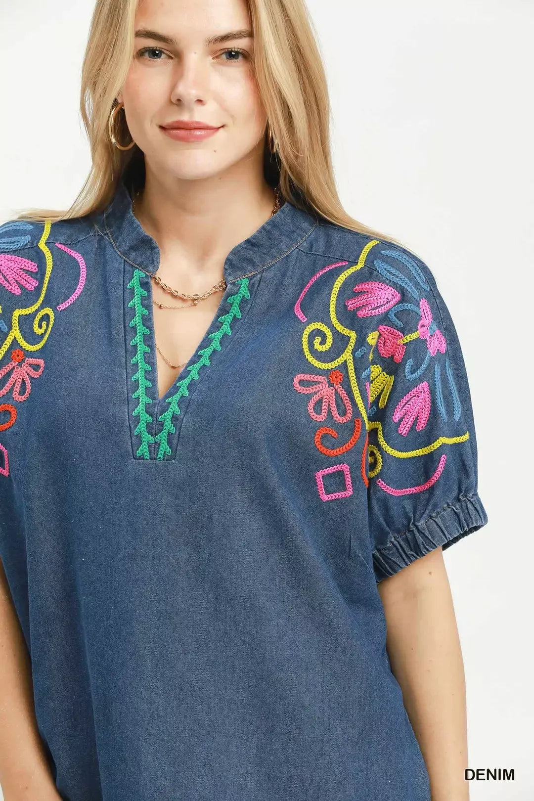 Umgee Embroidered Denim Puff Sleeve Top