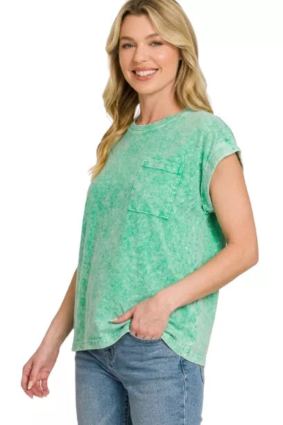 Zenana Halo Snow Washed Cuffed Short Sleeve Tee