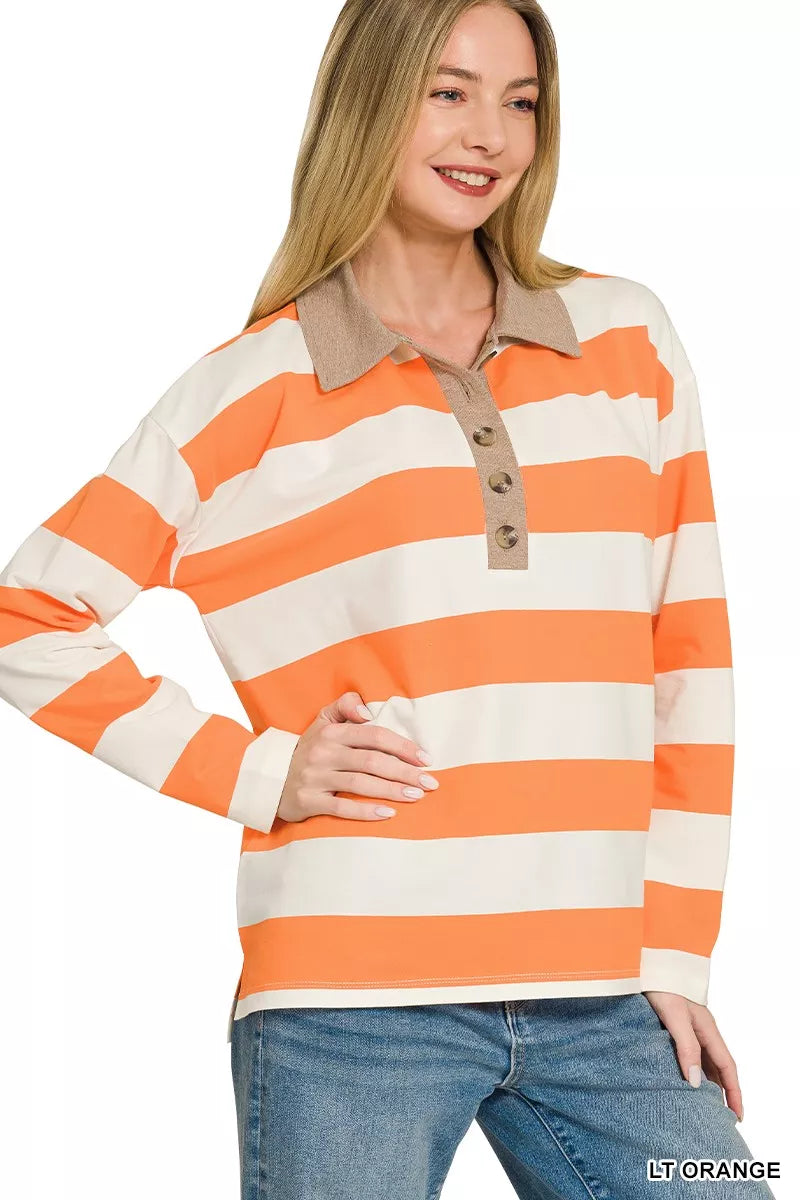 Zenana Striped Contrast Collar Polo Top
