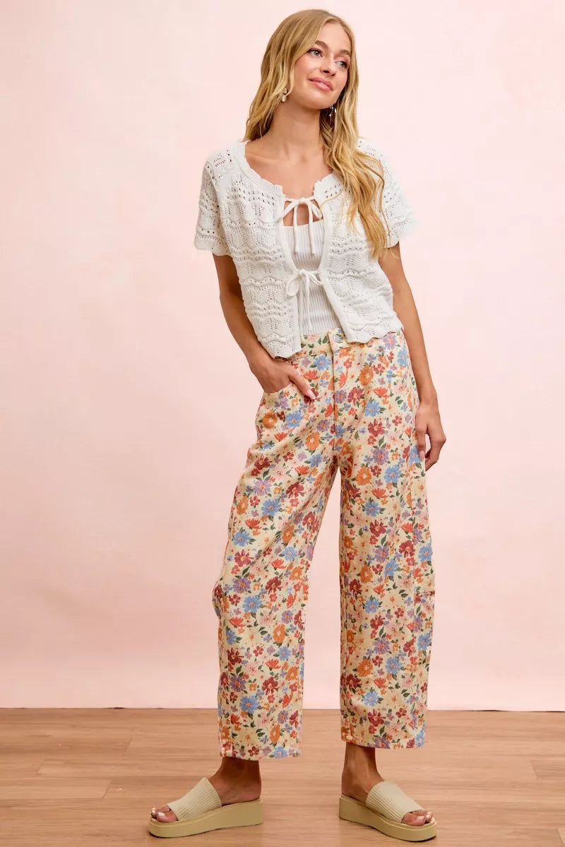 BiBi Washed Floral Printed Twill Barrel Pants