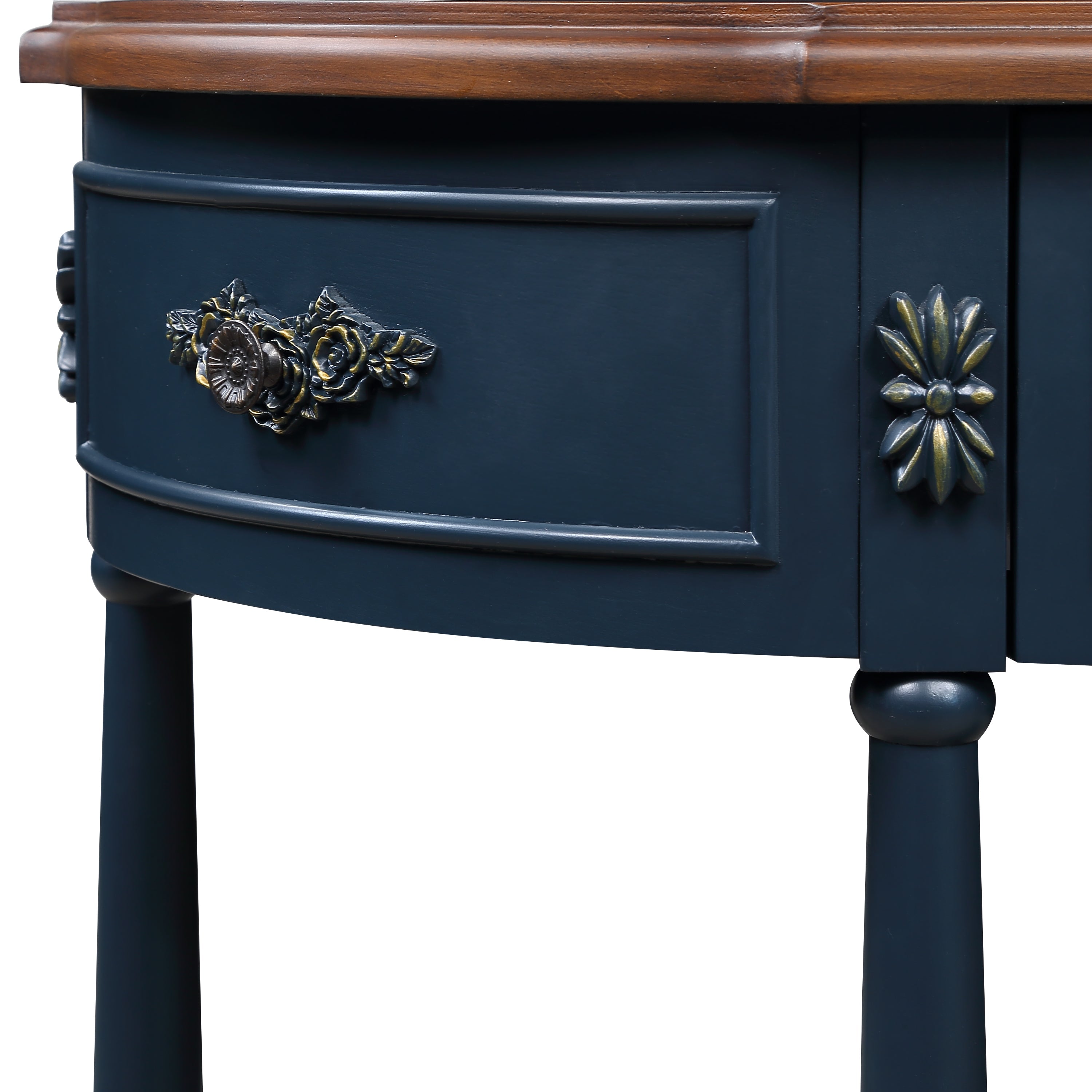 Retro Curved Wood Console Table, 52 inch Circular Half Moon Sofa Table with Open Shelf and 2 Drawers, Solid Wood Entry Table for Living Room, Hallway, Navy Blue + Brown Top
