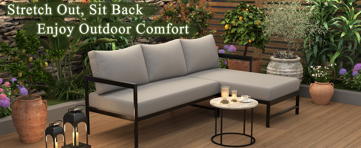 U_style Outdoor L-Shaped Sofa with Iron Frame,Weather-Resistant Patio Sofa Set with Ultra-Thick Cushions,Comfortable Seating for 3,Ideal for Patio, Balcony,and Garden
