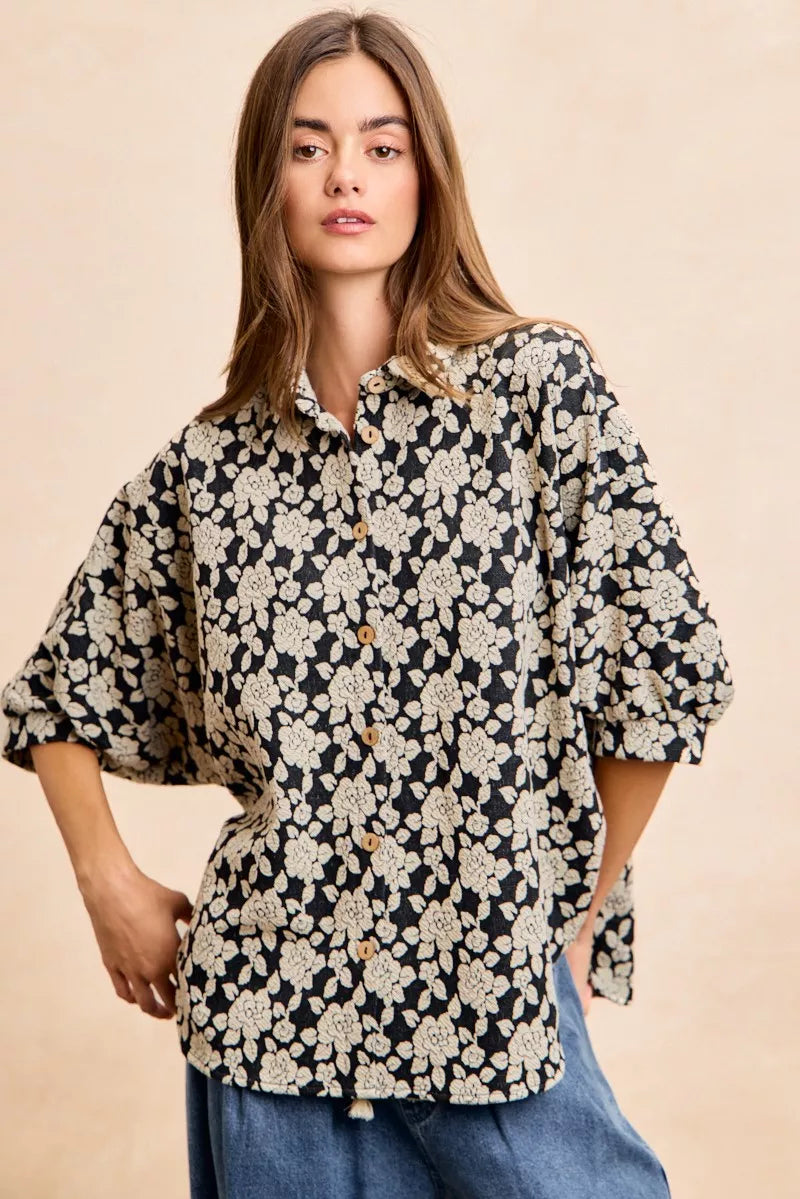 BiBi Floral Jacquard Short Dolman Sleeves Shirt
