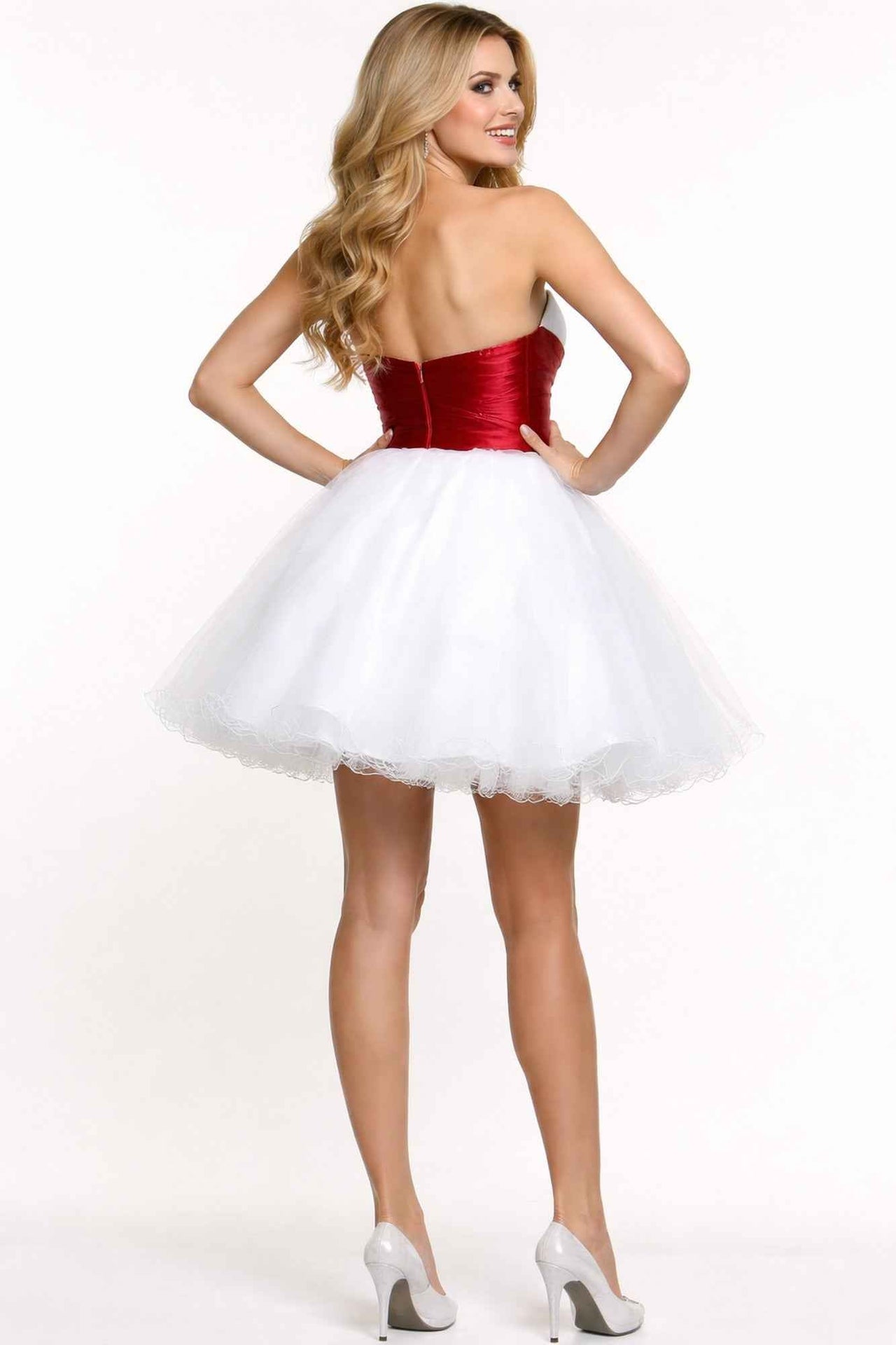 CLEARANCE - Cinderella Divine 077 Short Strapless White Dress Red Rhinestone Waist Tulle (Size 4)