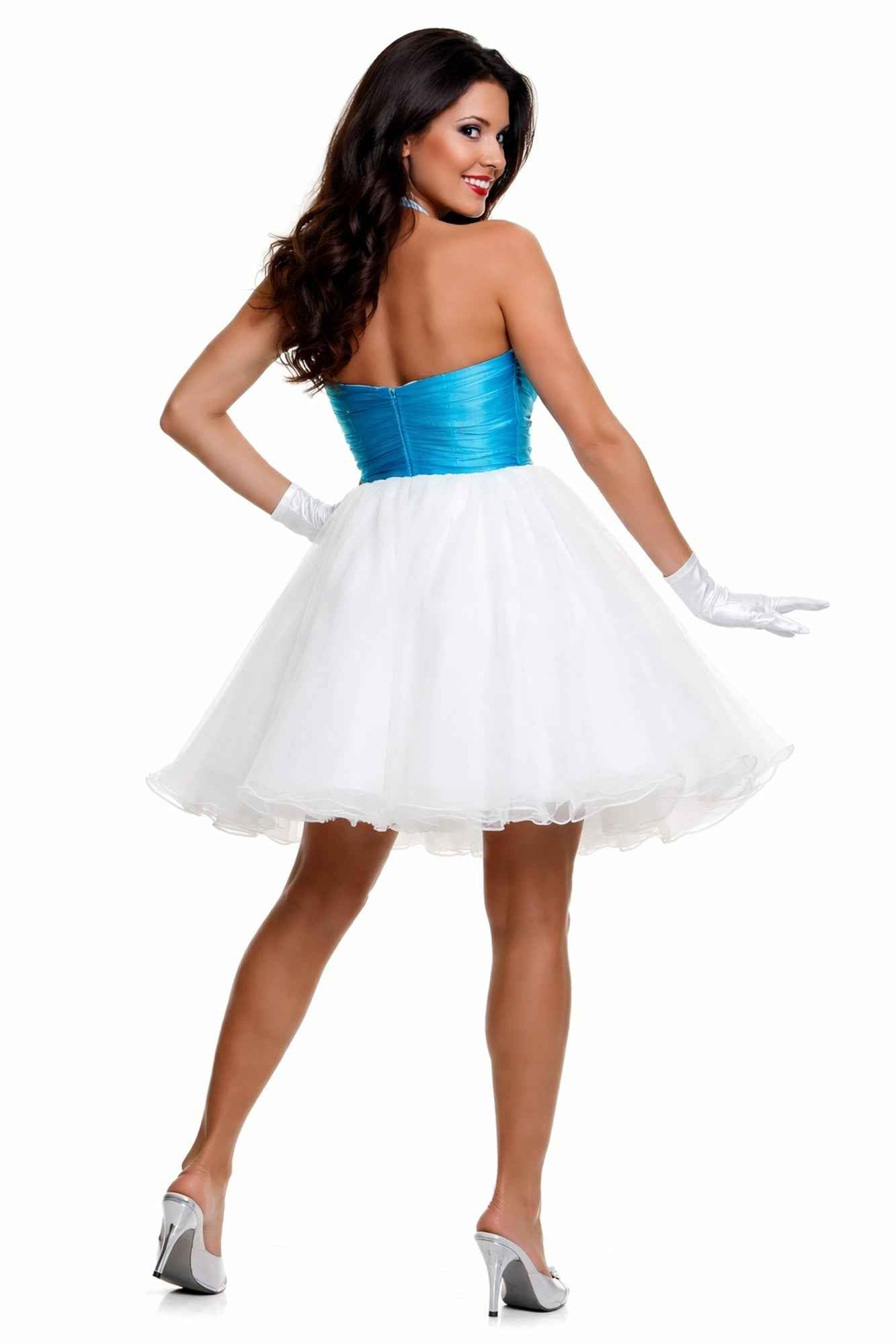 CLEARANCE - Cinderella Divine 077 Short Strapless White Dress Turquoise Rhinestone Waist Tulle (Size 4)