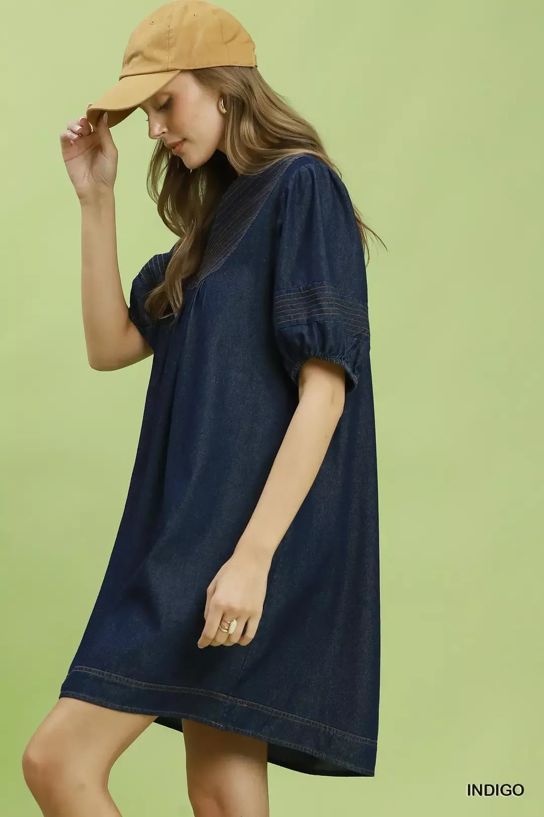 Umgee Notched Puff Sleeve Mini Dress with Pockets