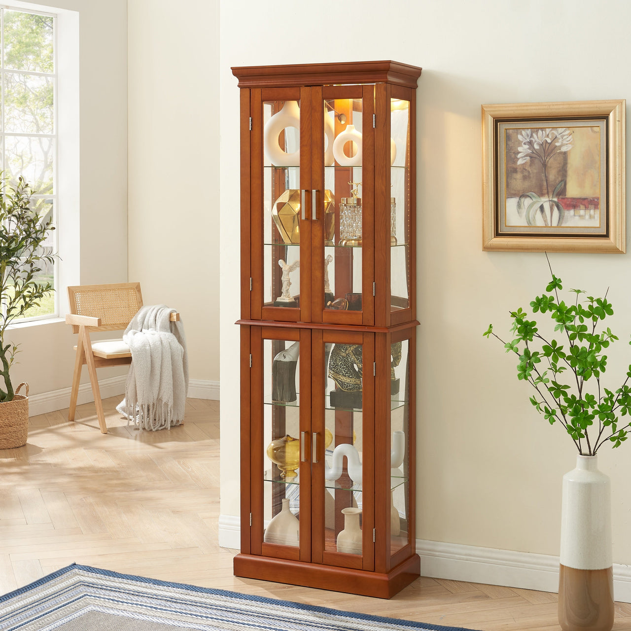 Lighted Curio Cabinet with Adjustable Shelves, Mirrored Back, and Tempered Glass Doors, 6-Tier Walnut Finish