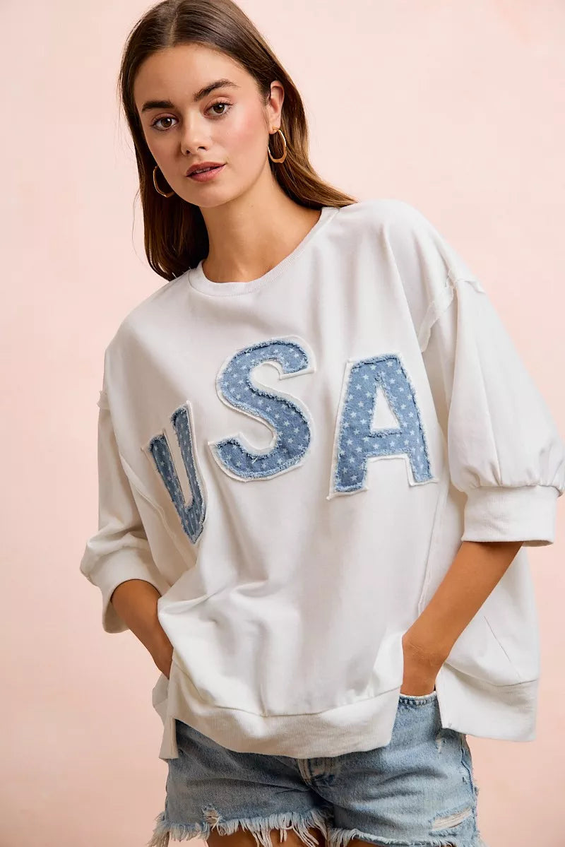 BiBi 4th Of July Usa Letter Patchwork French Terry Top
