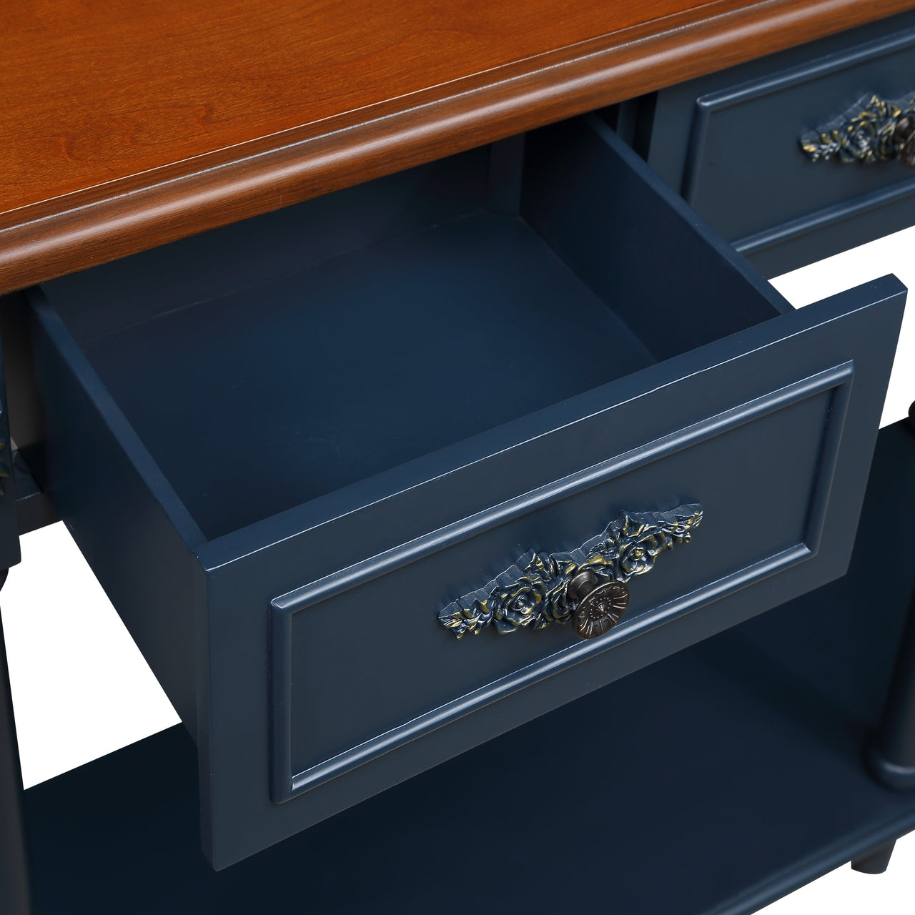 Retro Curved Wood Console Table, 52 inch Circular Half Moon Sofa Table with Open Shelf and 2 Drawers, Solid Wood Entry Table for Living Room, Hallway, Navy Blue + Brown Top