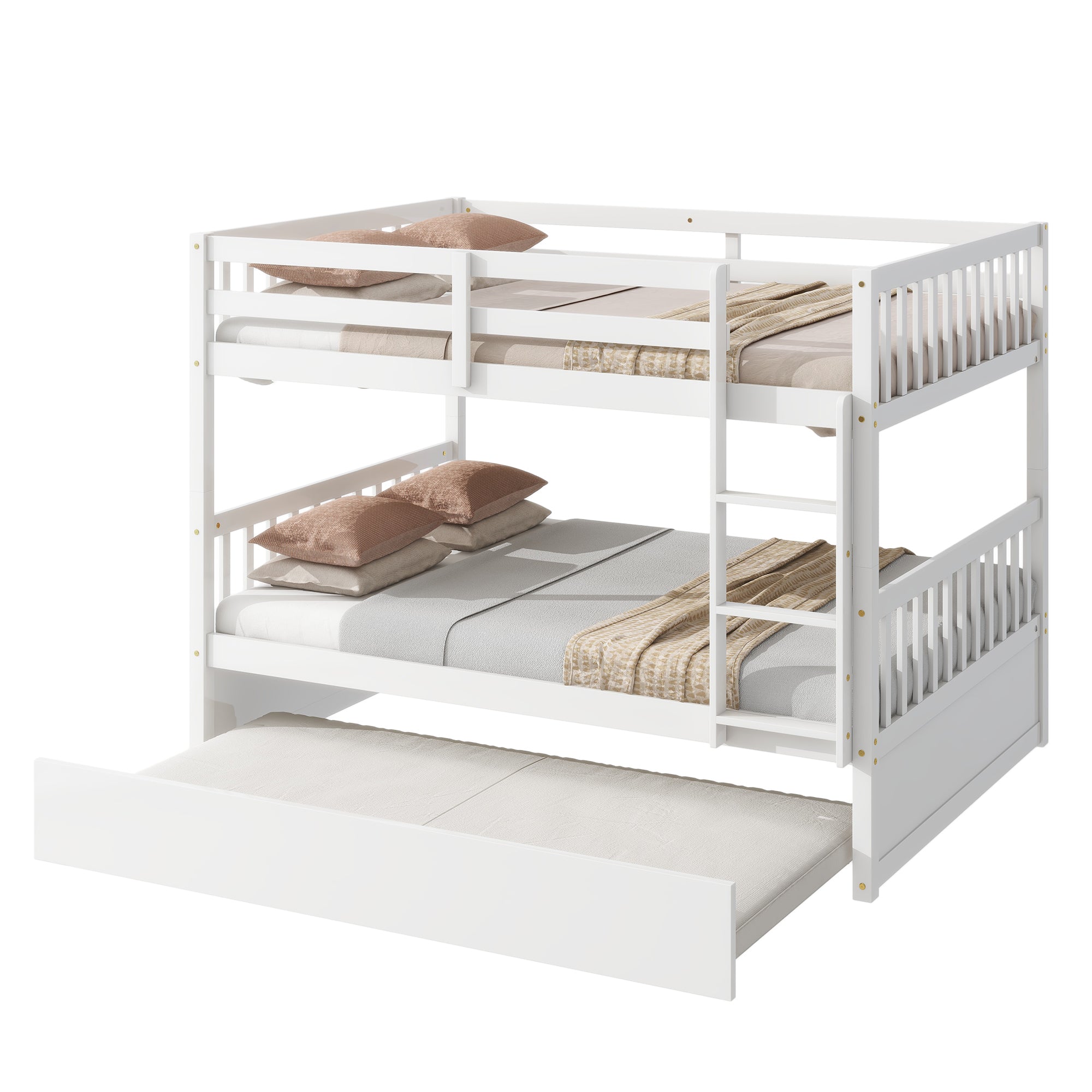 Full Over Full Rubber Wood Bunk Bed with Trundle, Ladder and Guardrails, Convertible to 2 Full Size Beds, with Twin Size Trundle,White
