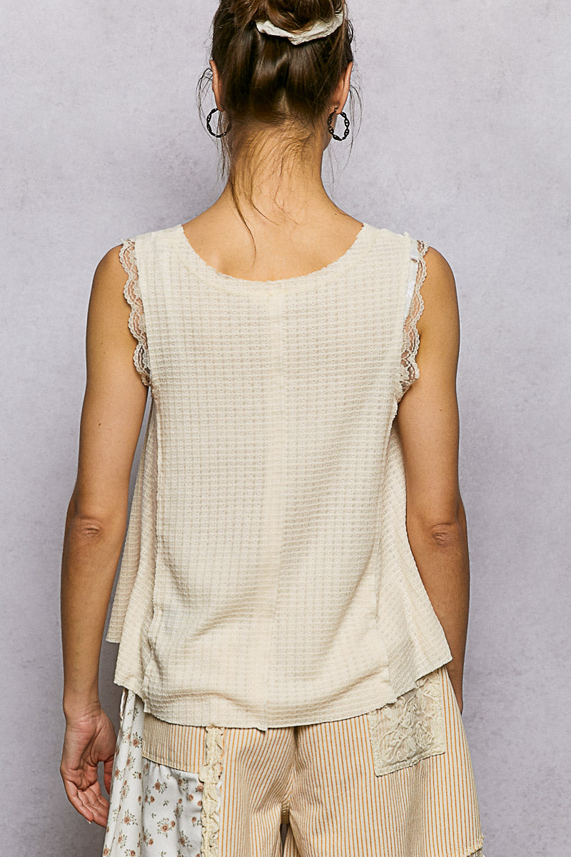 POL Textured Knit Round Neck Tank with Lace Detail