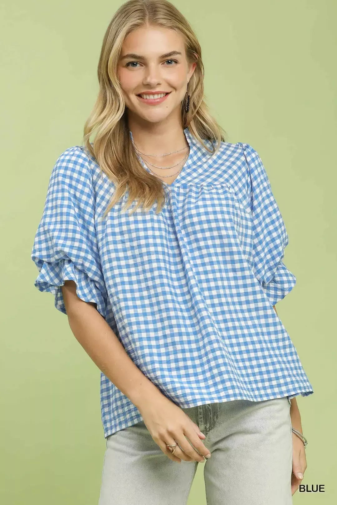 Umgee Gingham Check Blouse with Ruffle Sleeves