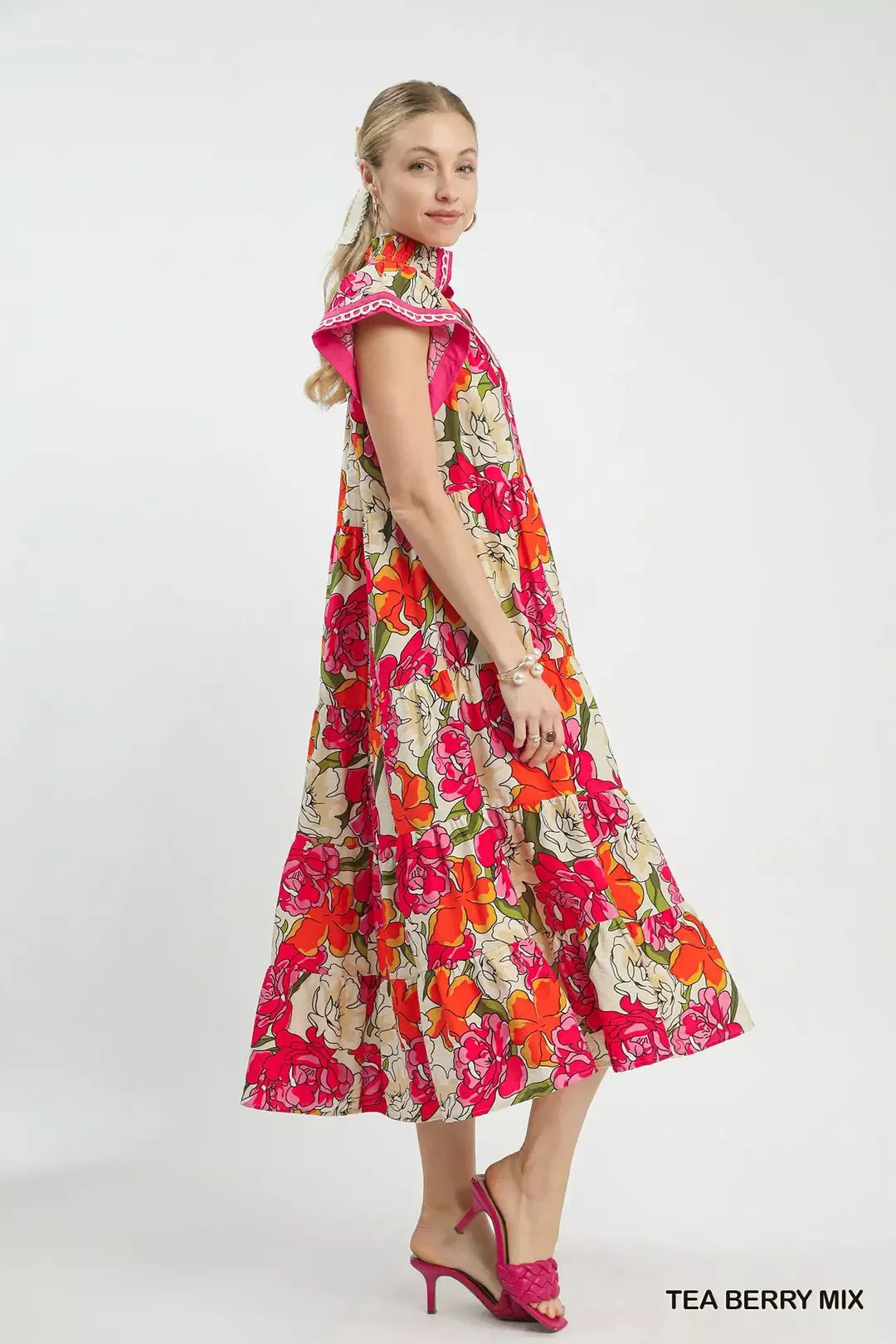 Umgee Mix Bold Floral Tiered Midi Dress