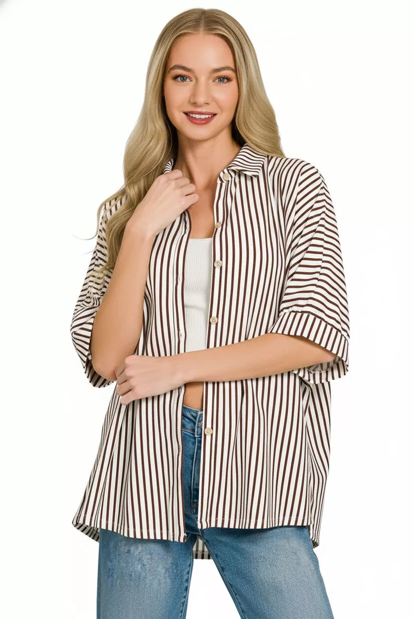 Zenana Oversized Stripe Button Down Shirt