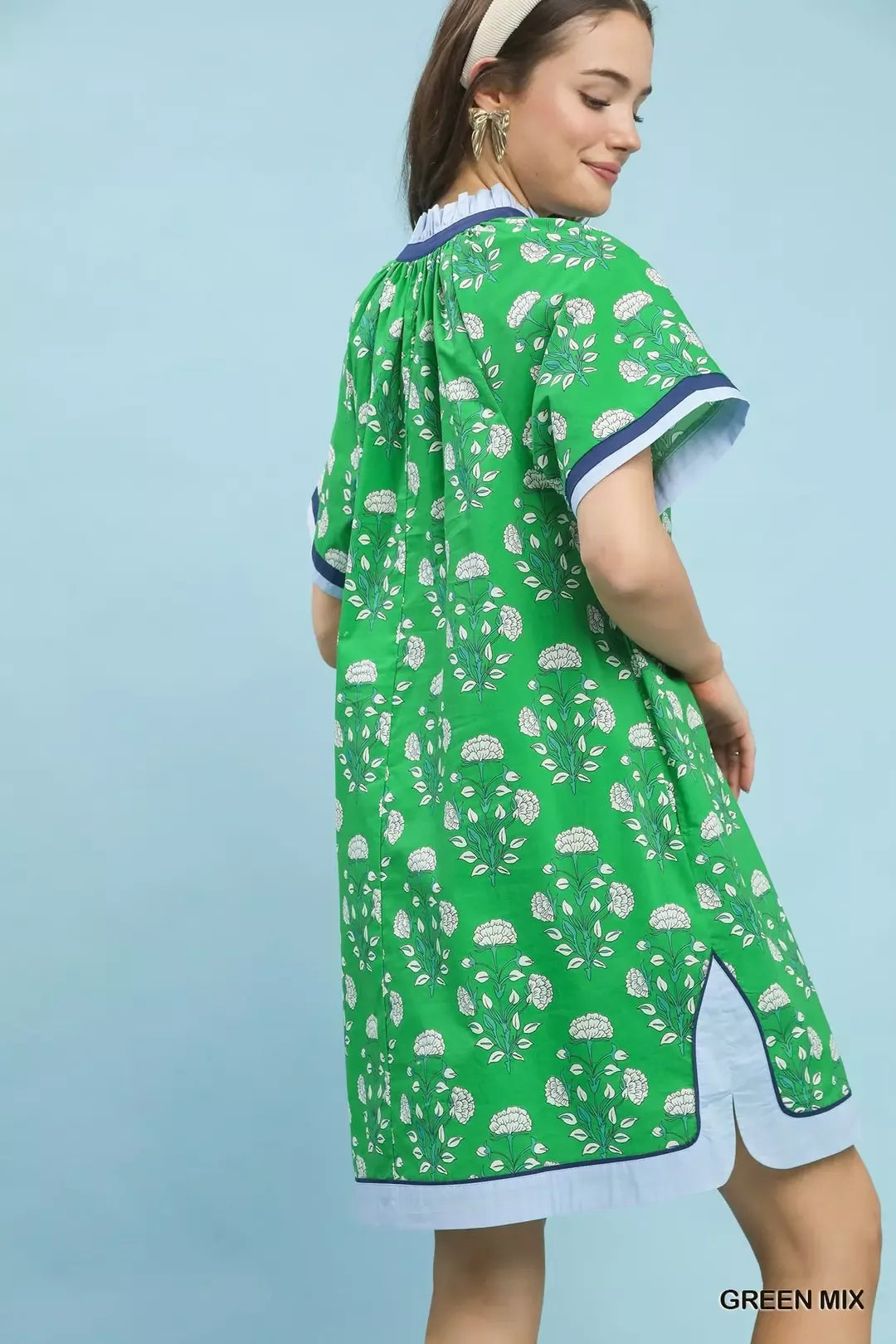 Umgee Printed Split Neck Short Sleeve Shift Dress