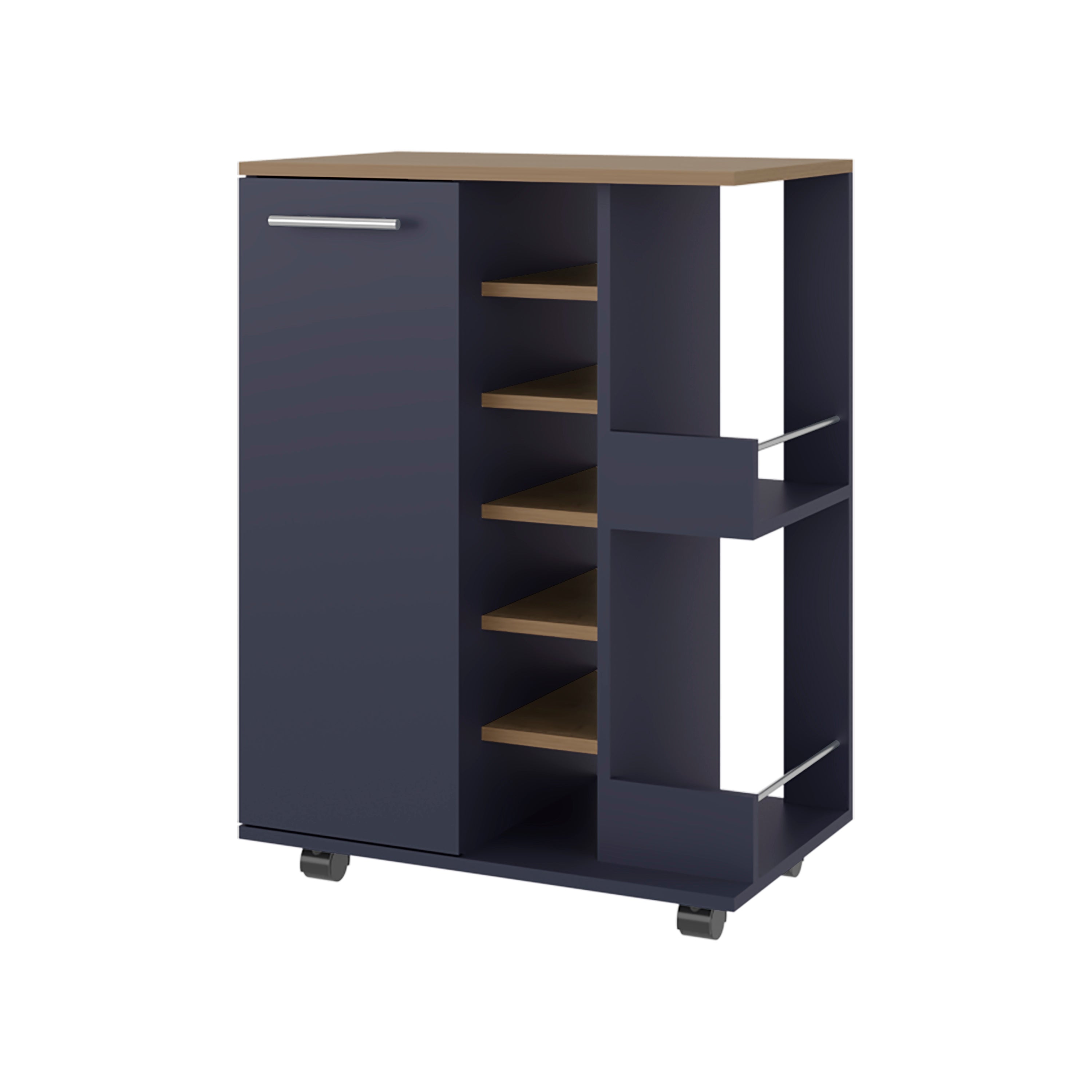 Carefree bar cabinet, bottle racks, double side shelves, modern design in Kronos Ash and Kronos Blue.