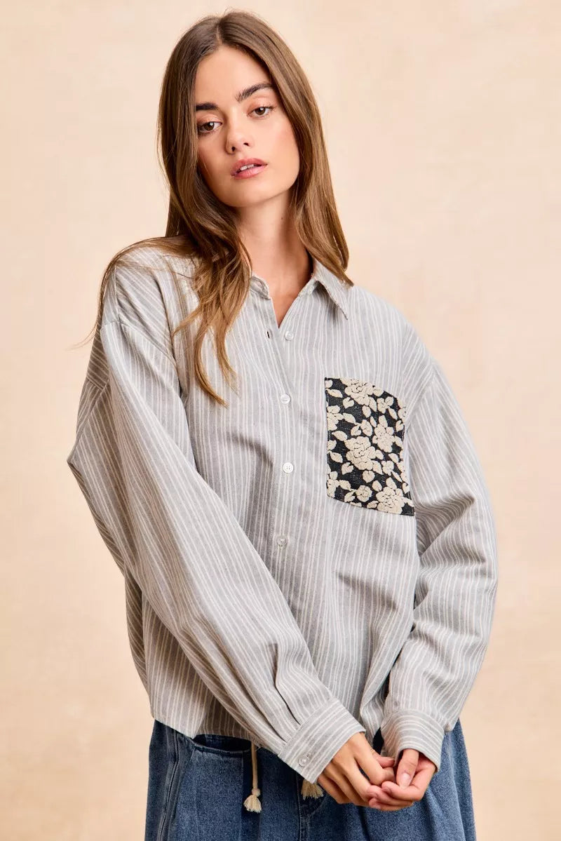 BiBi Flower Jacquard Knit Patch Pocket Stripe Shirt