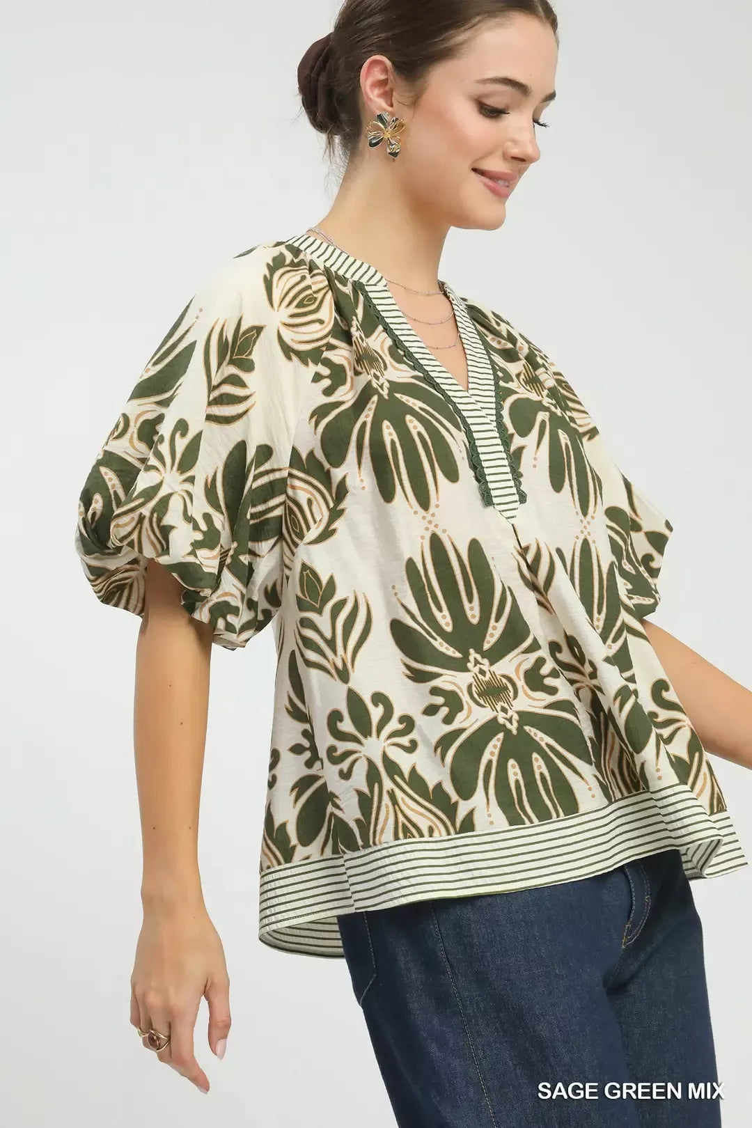 Umgee Mix Printed Puff Sleeve Top with Contrast Trim