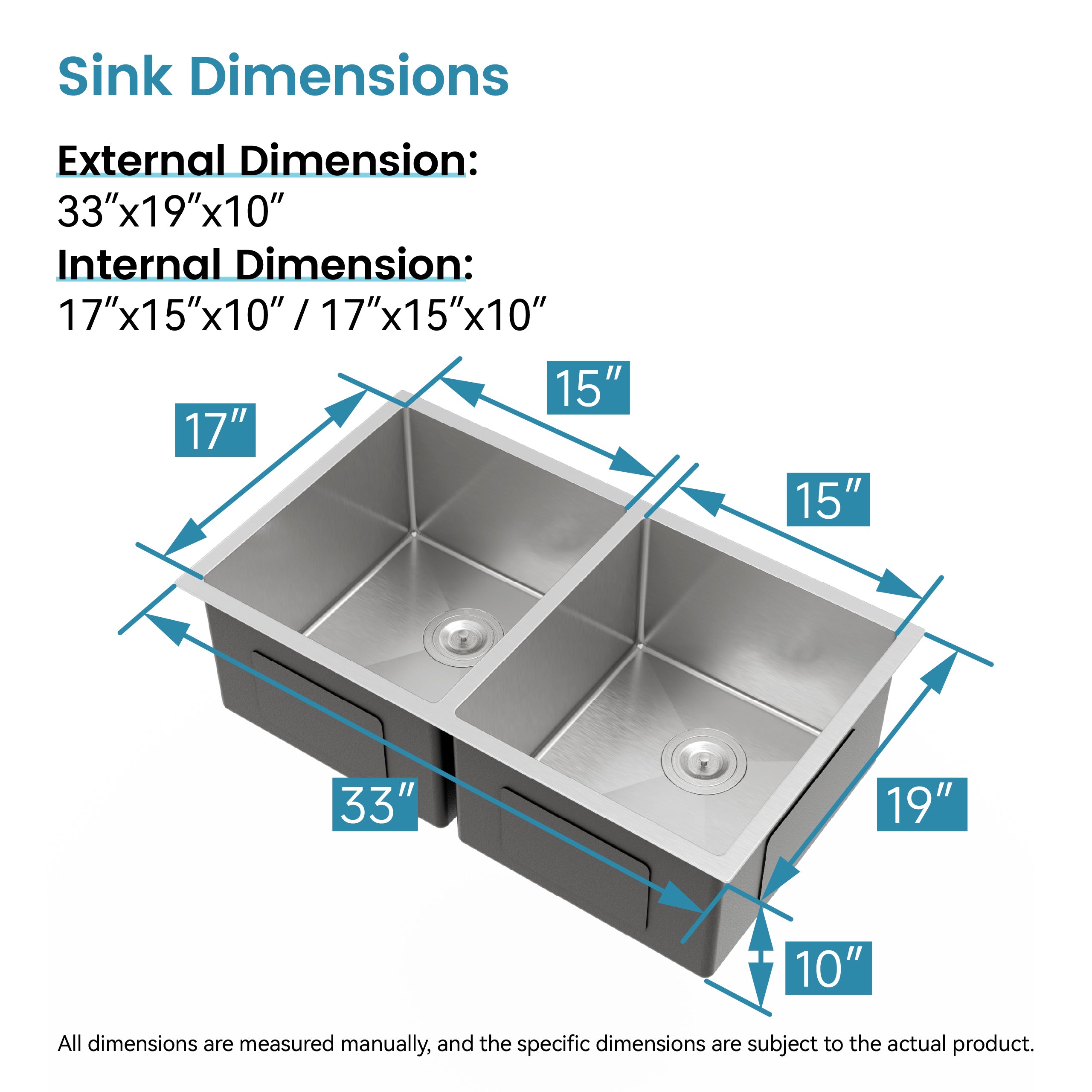 33'x19' Embedded Double Bowl Kitchen Sink, Undermount Handmade Sink in Brushed (Sink only)