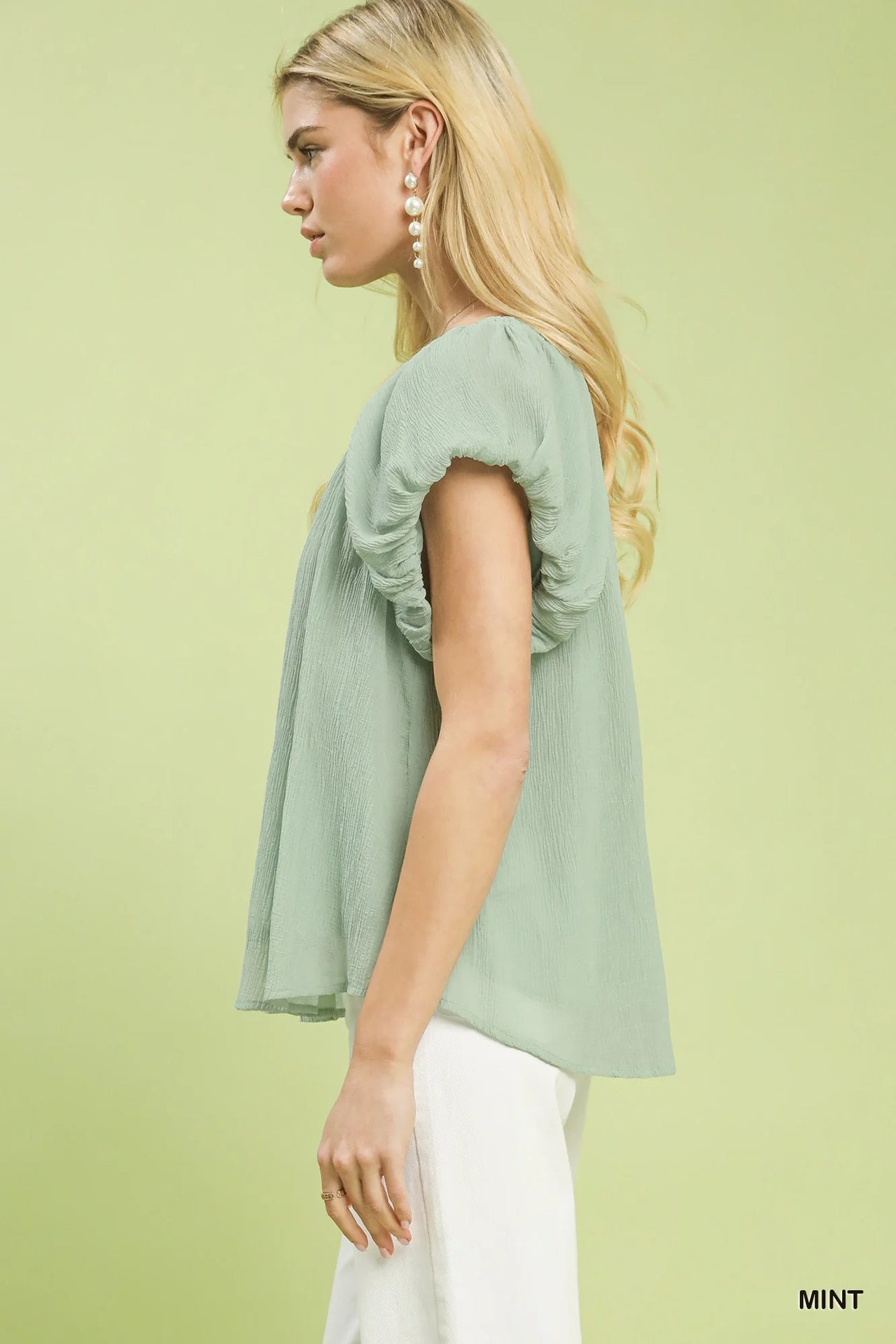 Umgee Crinkle Flutter Sleeve Peasant Top