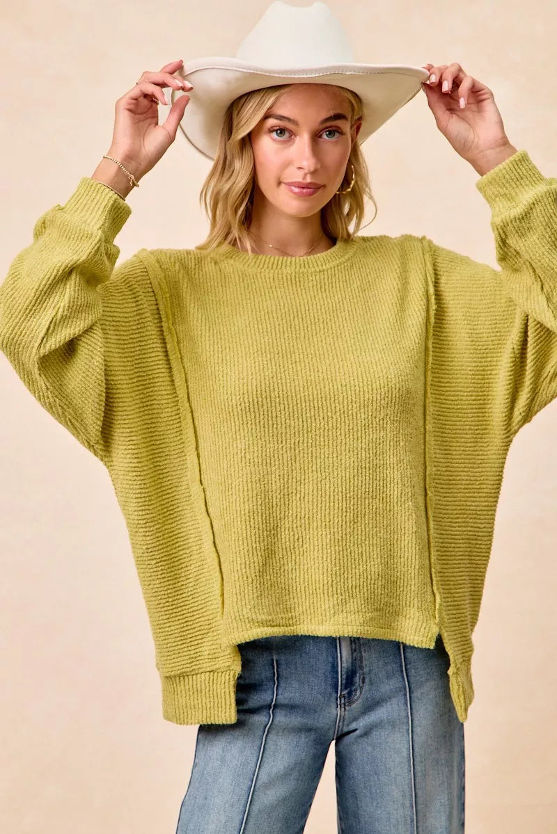BiBi Boucle Rib Knit Uneven Hem Sweater With Open Seam
