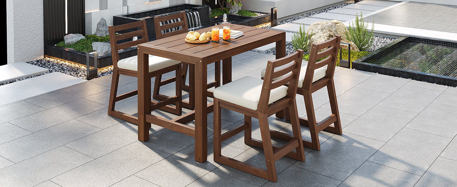 TREXM Rustic Patio Bar Set with Ergonomic Chairs, Solid Wood Slatted Tabletop in Mocha+Beige Cushion