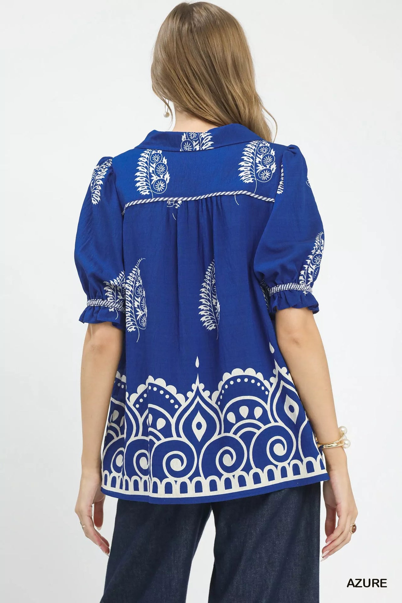 Umgee Printed Puff Sleeve Split Neck Top