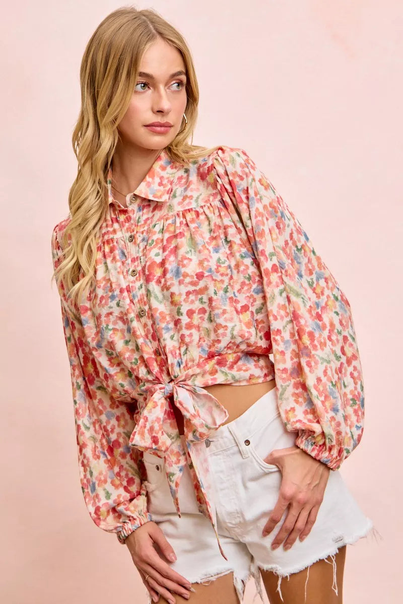 BiBi Floral Print Tie Hem Detail Crop Shirt