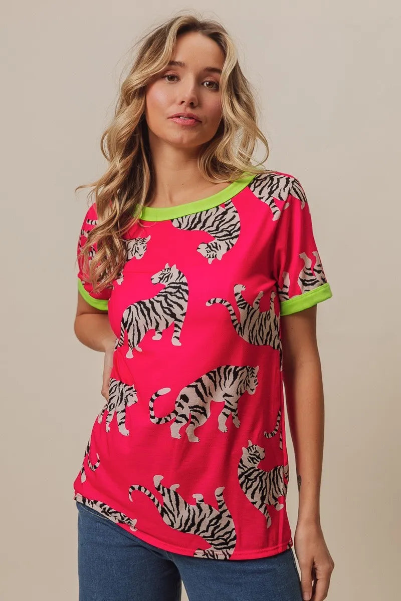 BiBi Big Tiger Print Jersey Contrast Ringer Top