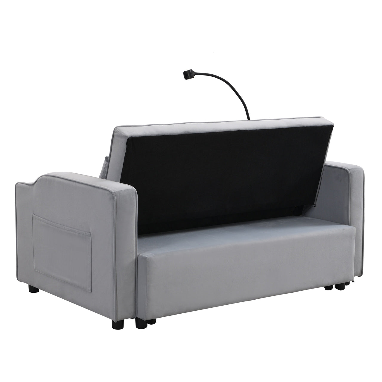 Modern Velvet Loveseat Futon Sofa Couch with Pullout Bed, Adjustable Backrest, Toss Pillows, Light Gray