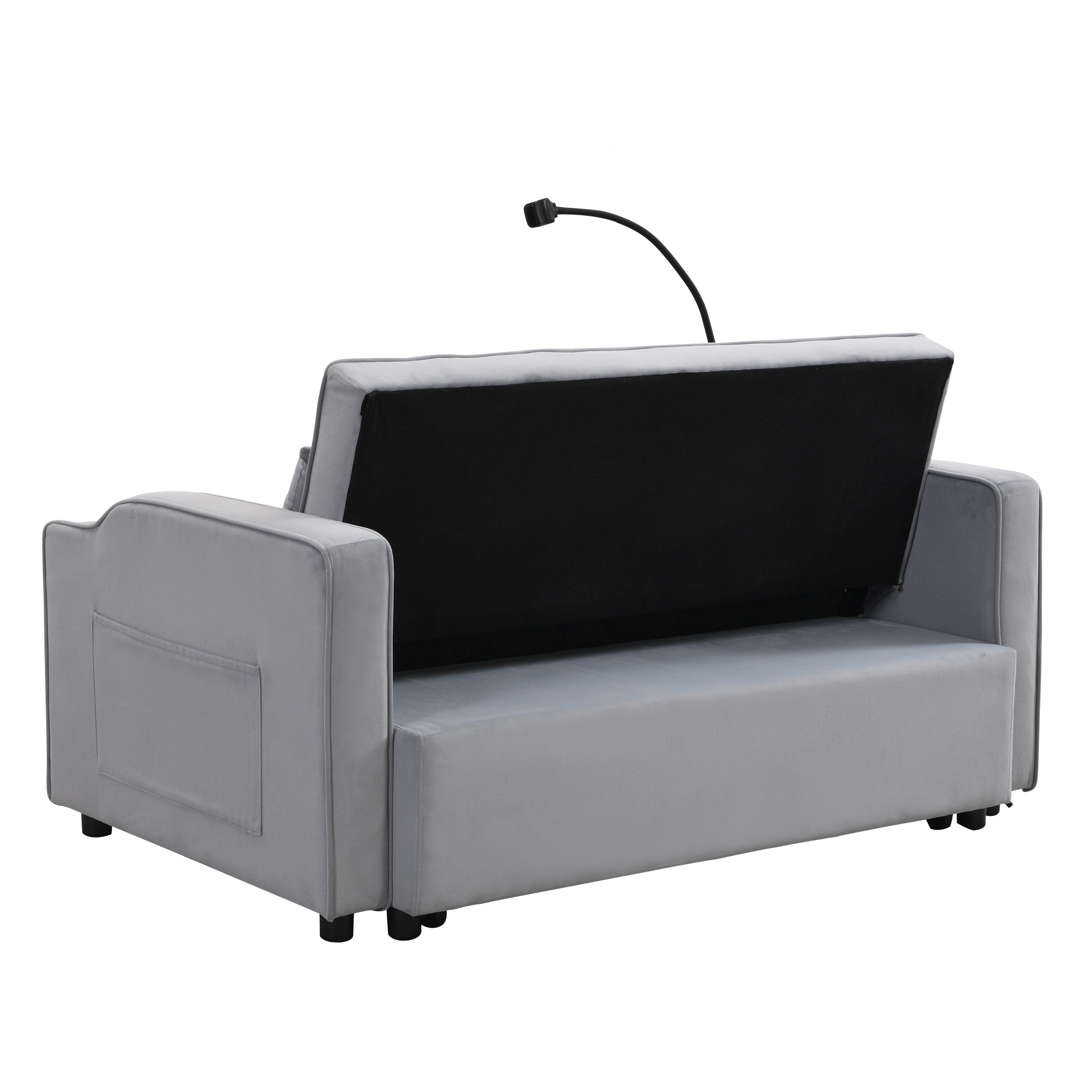 Modern Velvet Loveseat Futon Sofa Couch with Pullout Bed, Adjustable Backrest, Toss Pillows, Light Gray