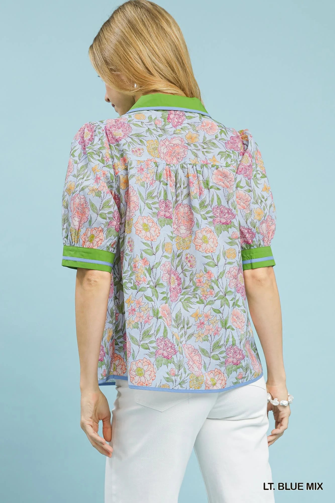 Umgee Mix Floral Puff Sleeve Blouse with Contrast Trim