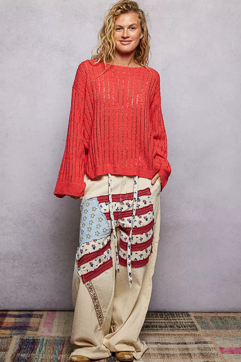 POL Round Neck Long Sleeve Open Weave Sweater