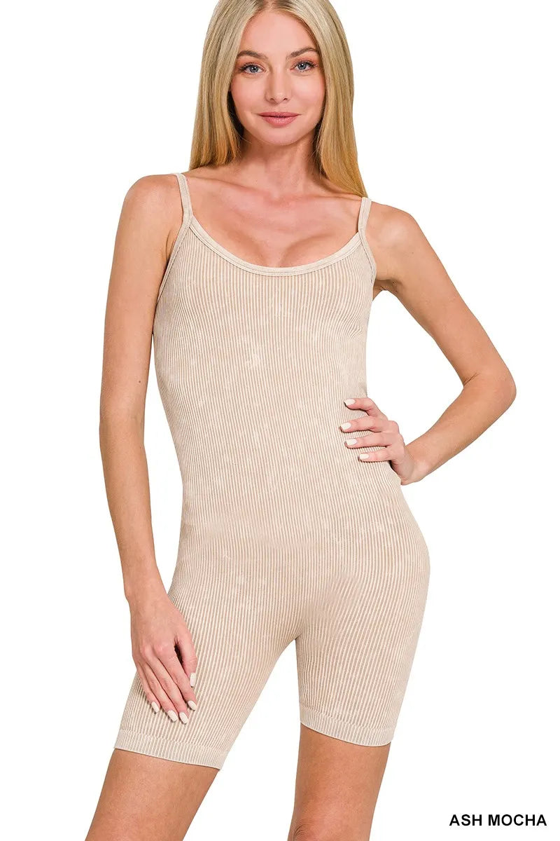 Zenana Stone Washed Ribbed Seamless Romper