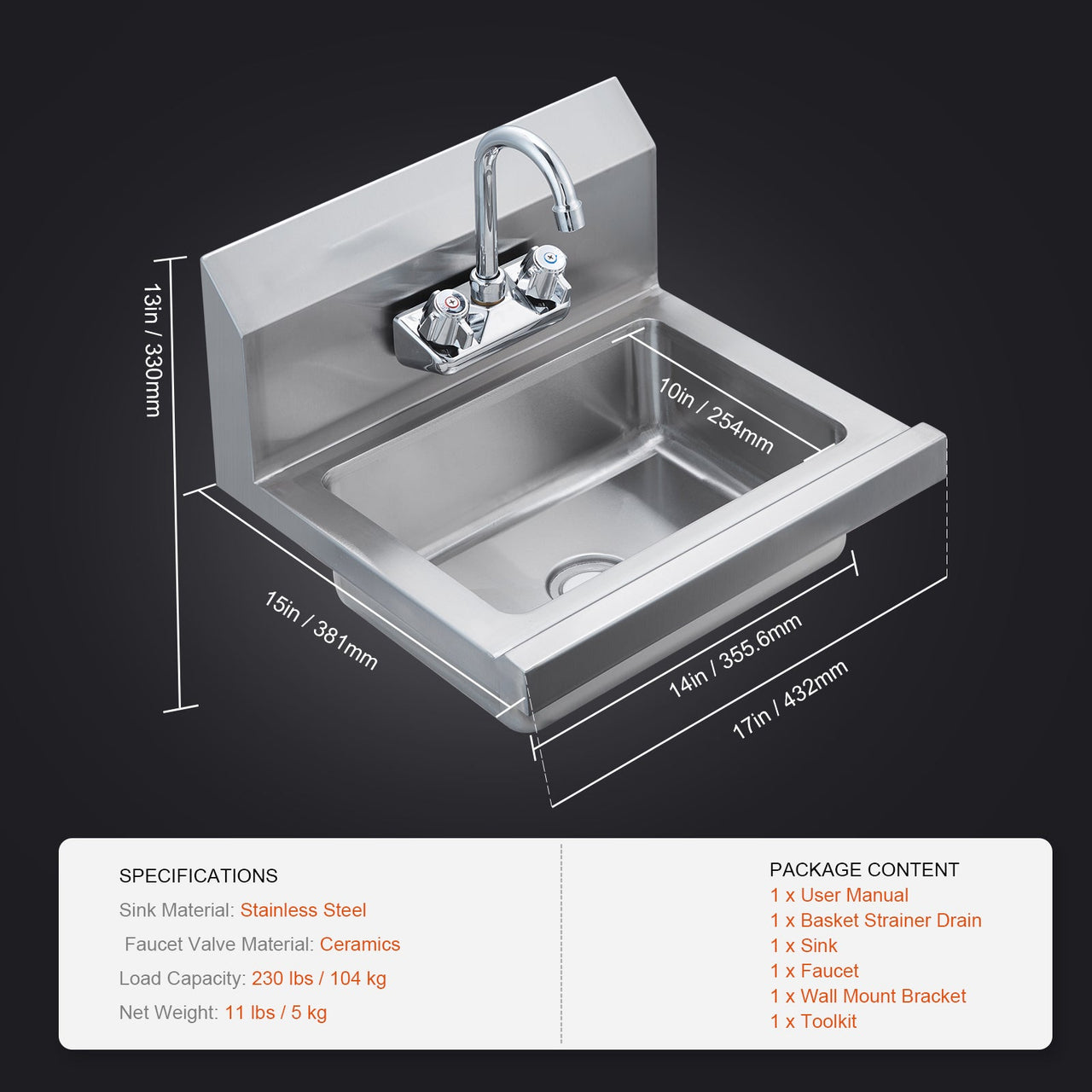 Commercial Hand Sink with Faucet, Stainless Steel Sink for Washing, Small Hand Washing Sink, Wall Mount Hand Basin, Utility Sink for Restaurant, Kitchen, Bar, Garage and Home, 17 x 12.8 inch