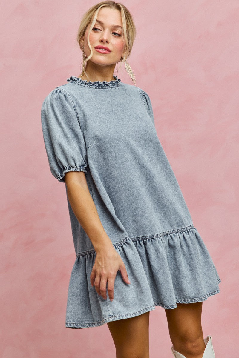 SO ME Denim Short Sleeves Mini Tiered Dress