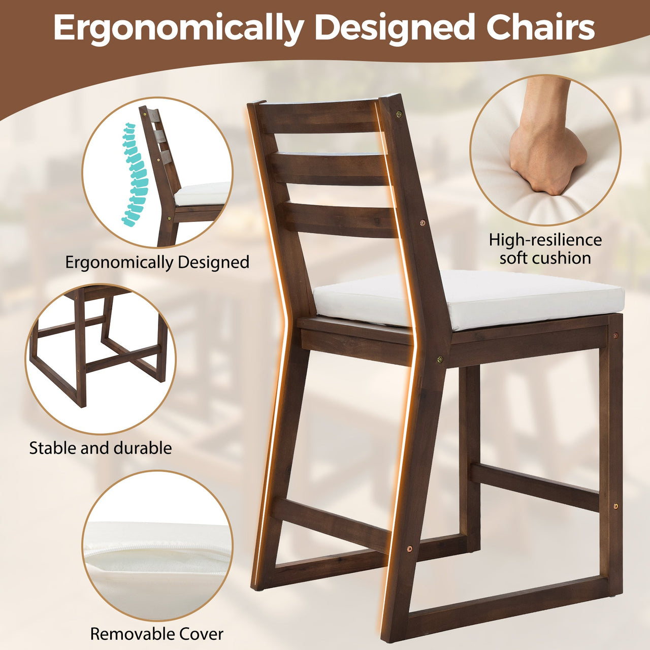 TREXM Rustic Patio Bar Set with Ergonomic Chairs, Solid Wood Slatted Tabletop in Mocha+Beige Cushion