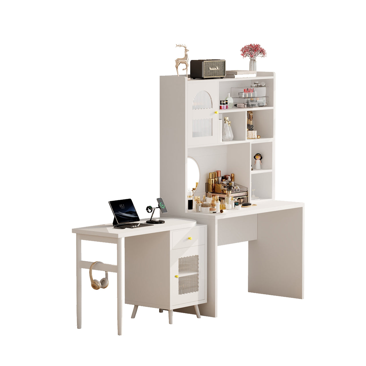 Computer Desk with 90 Degree Rotating Desktop, 43x70 Inch Office Desk with Storage Drawer and Cabinets, Gaming Desk with Shelves, Writing Desk for Study, Work Desk for Home (Old SKU:N733P279101K)