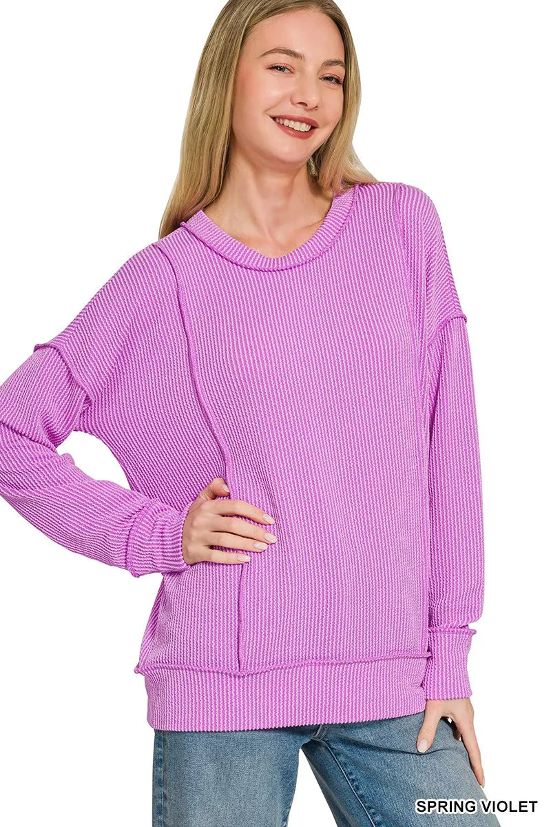 Zenana Corded Rib Long Sleeve Round Neck Top
