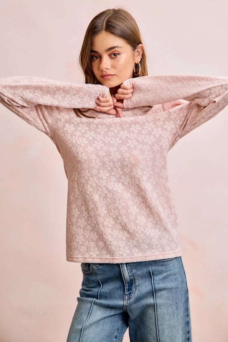 BiBi Textured Flower Knit Puff Shoulder Top
