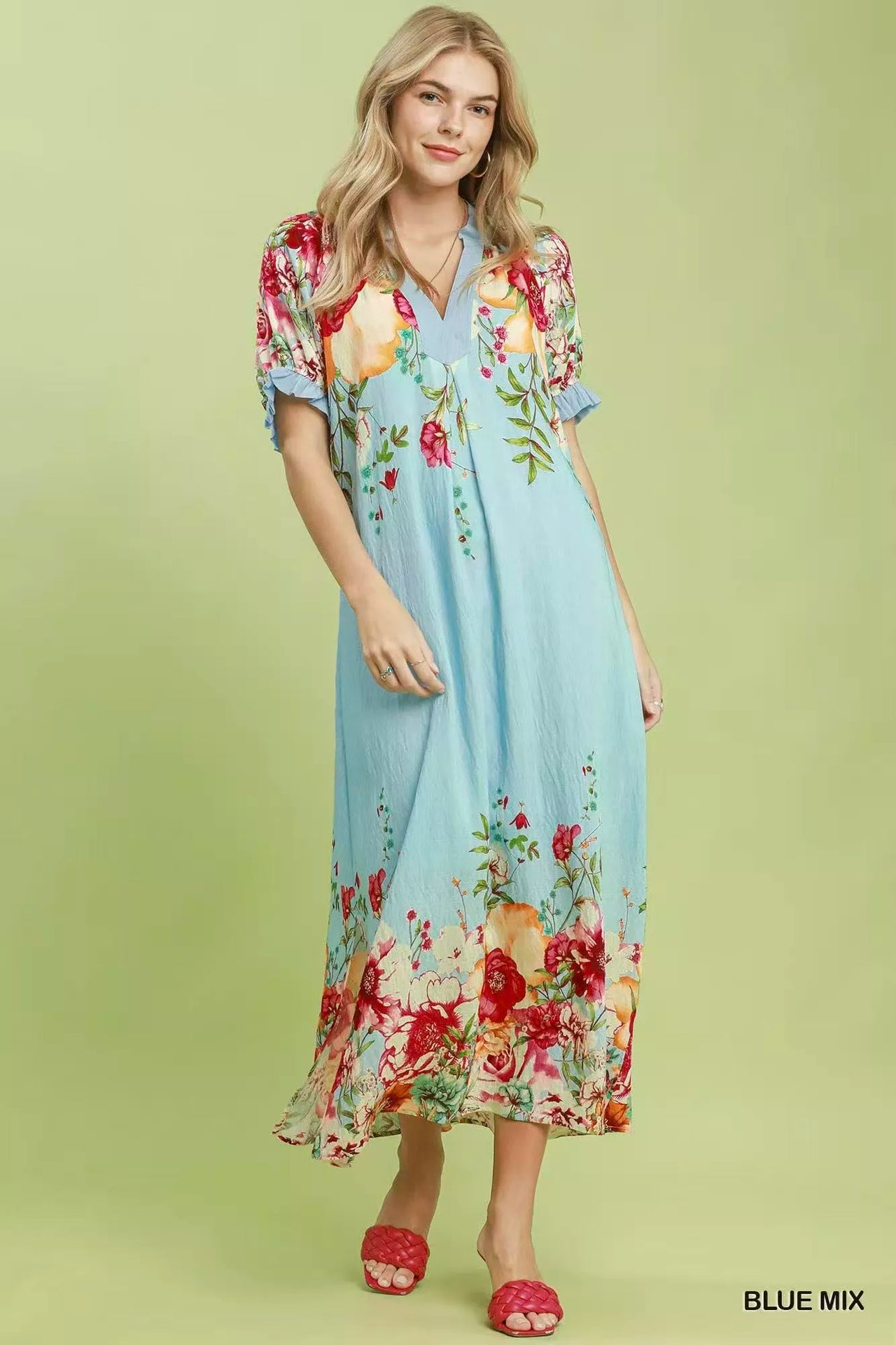 Umgee Mix Floral Border Print Midi Dress