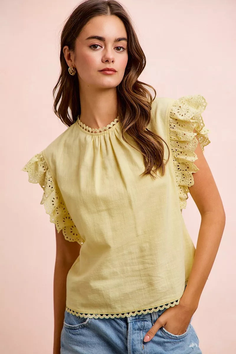 BiBi Cotton Solid Ruffle Sleeve Lace Detail Blouse Top