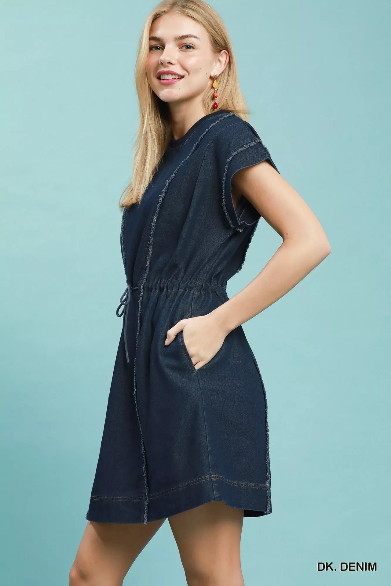 Umgee Drawstring Waist Frayed Denim Mini Dress