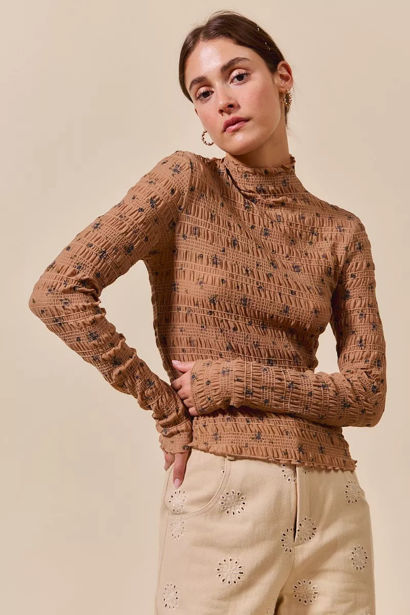 SO ME Floral Print Textured Long Sleeve Knit Top