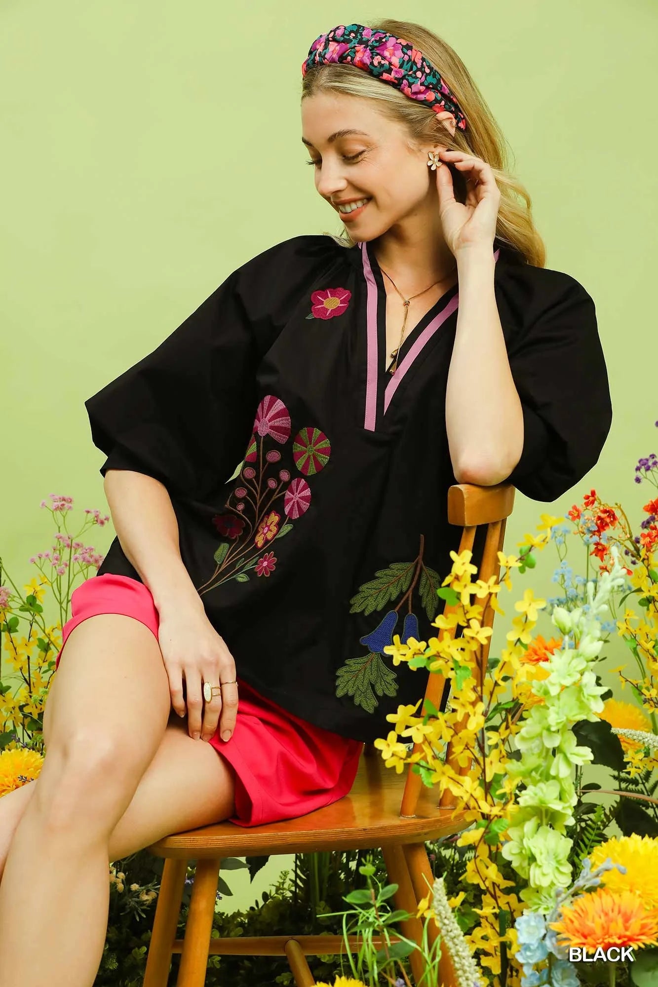 Umgee Embroidered Floral V-Neck Blouse