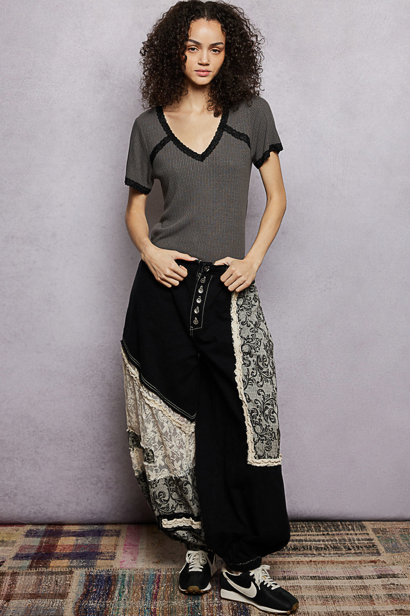 POL Lace Detail V-Neck Short Sleeve Textured T-Shirt