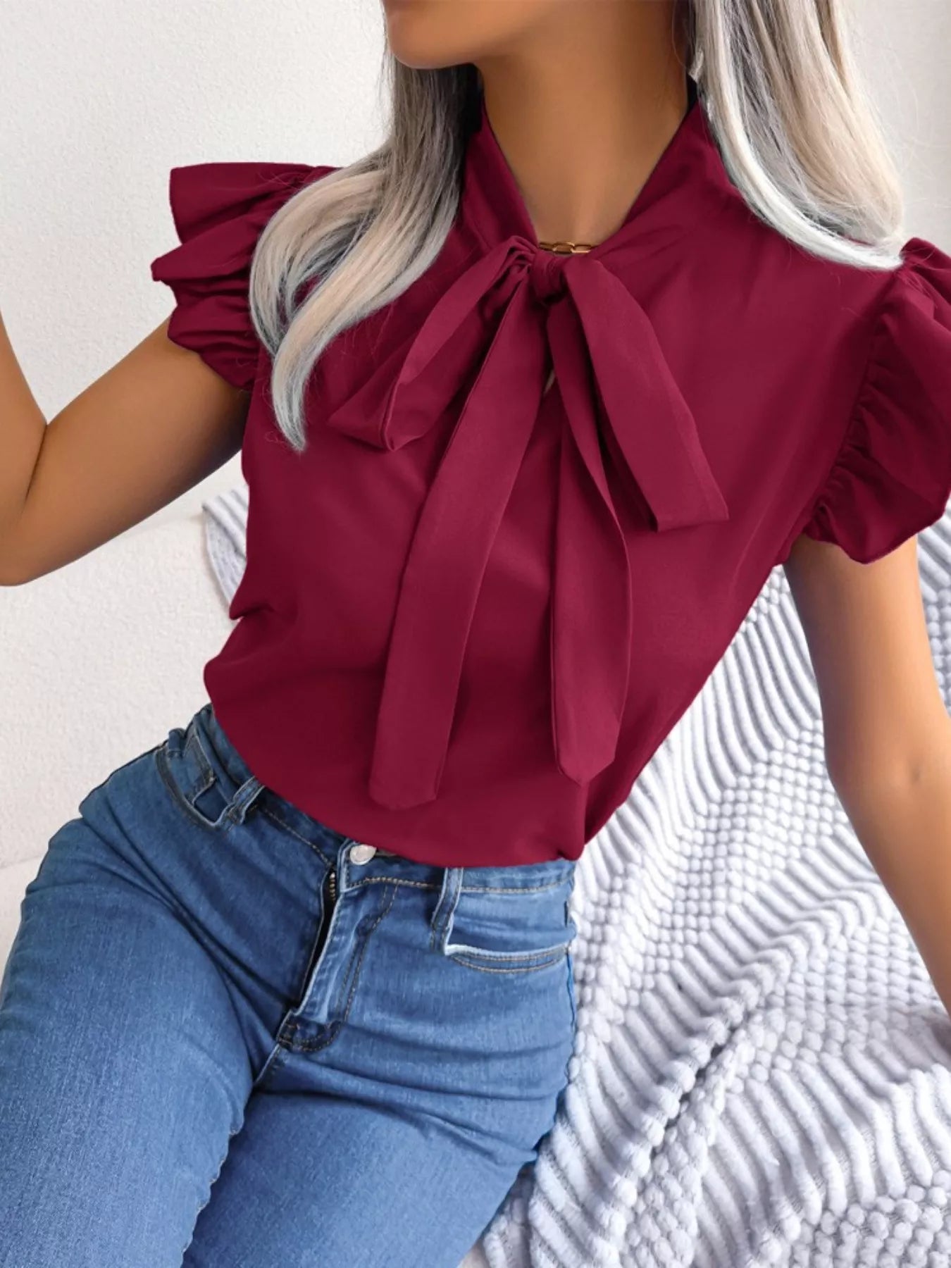 Bow Tie Ruffle Sleeve Blouse