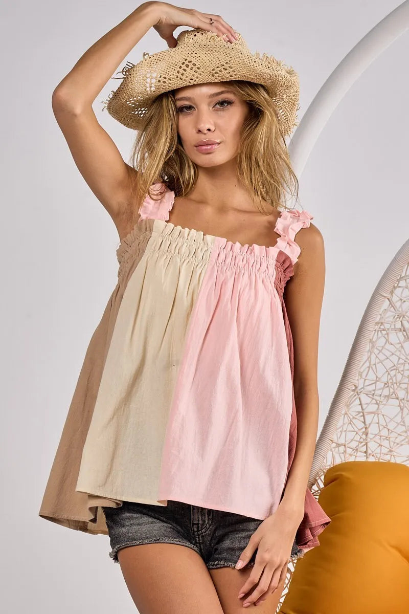BiBi Frill Shoulder Strap Color Block Bodice Top