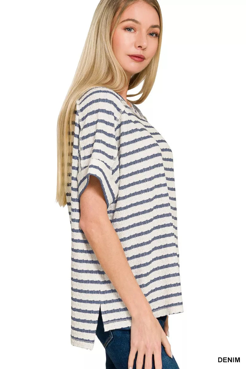 Zenana Striped Short Sleeve Hi-low Tee