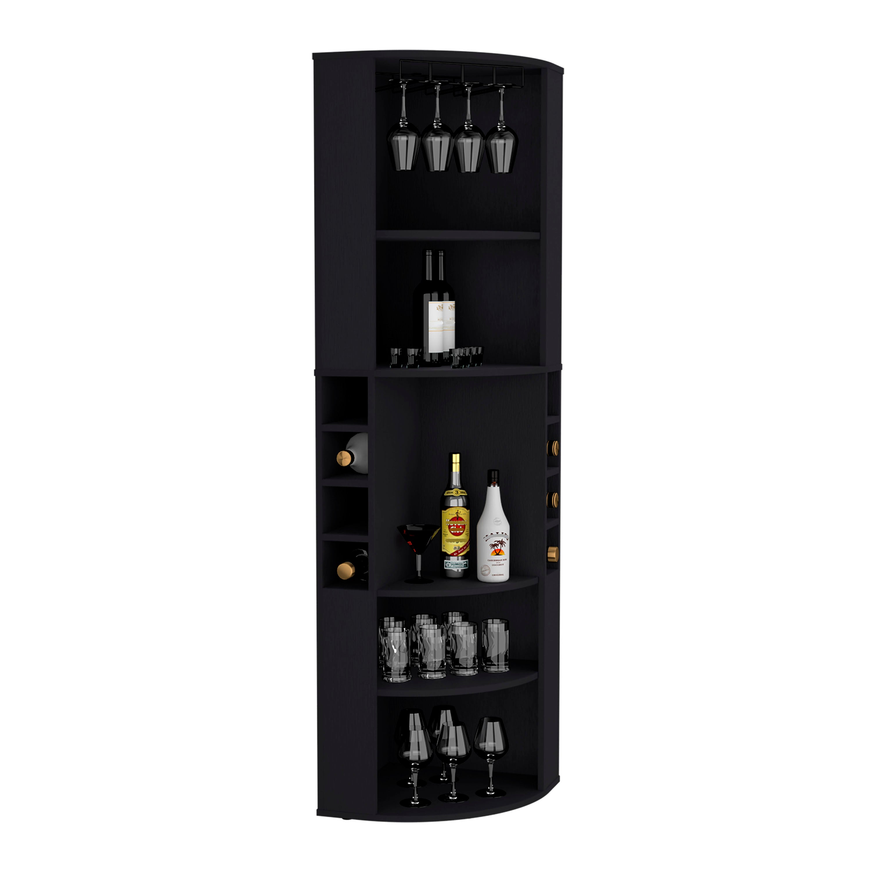 71' Corner Bar Cabinet with Five Shelves, Eight Bottle Cubbies and Stemware,Black